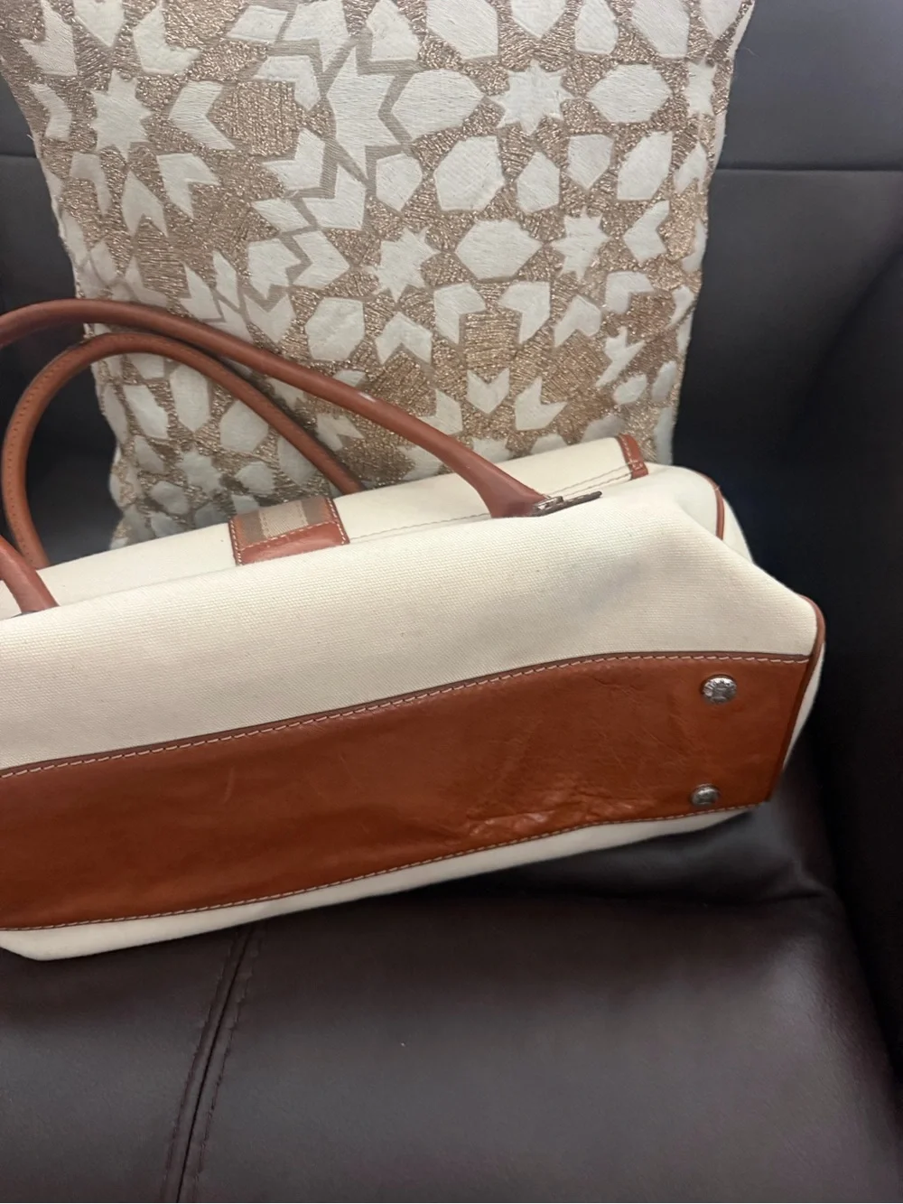 Michael Kors Cream Canvas Satchel with Brown Leather Trim